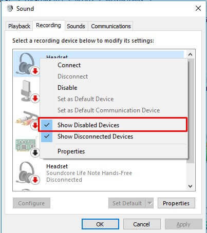 Sound Settings - Show Disabled Devices